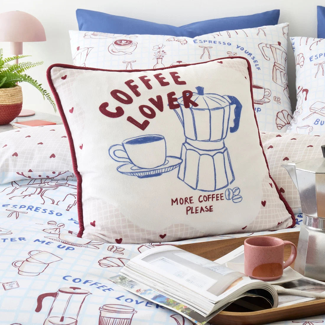 Fusion Coffee Club velvet cushion in blue 43 x 43cm.