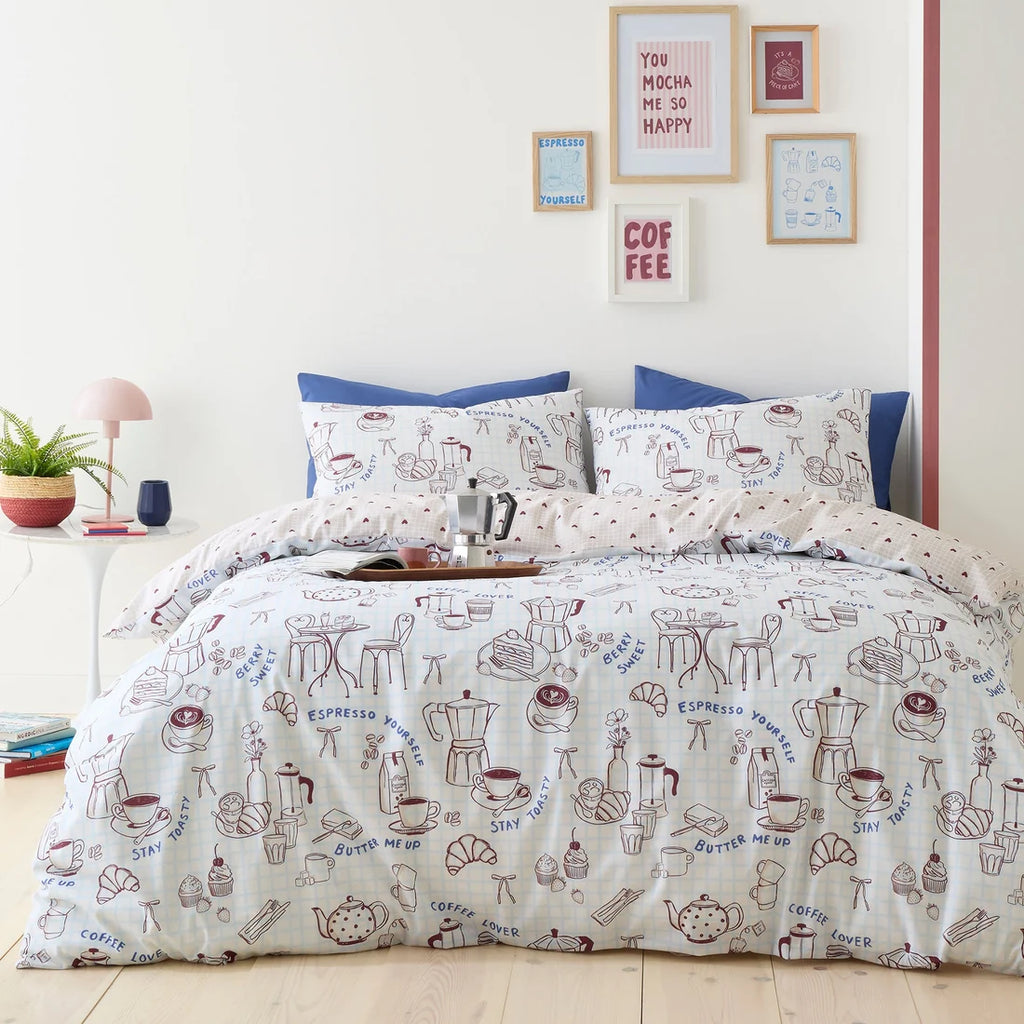 Fusion Coffee Club reversible polycotton duvet cover set in blue.
