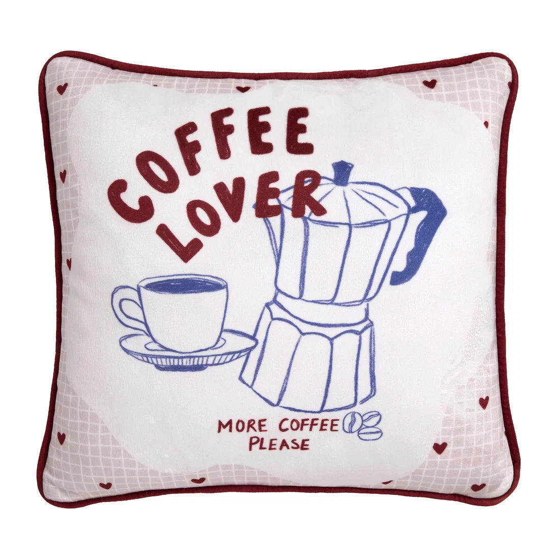 A square decorative throw pillow with a white background, featuring a blue line art illustration of a moka pot and coffee cup, along with red text reading 'COFFEE LOVER' and 'MORE COFFEE PLEASE'. The pillow has a dark red border and small red hearts scattered on the border.