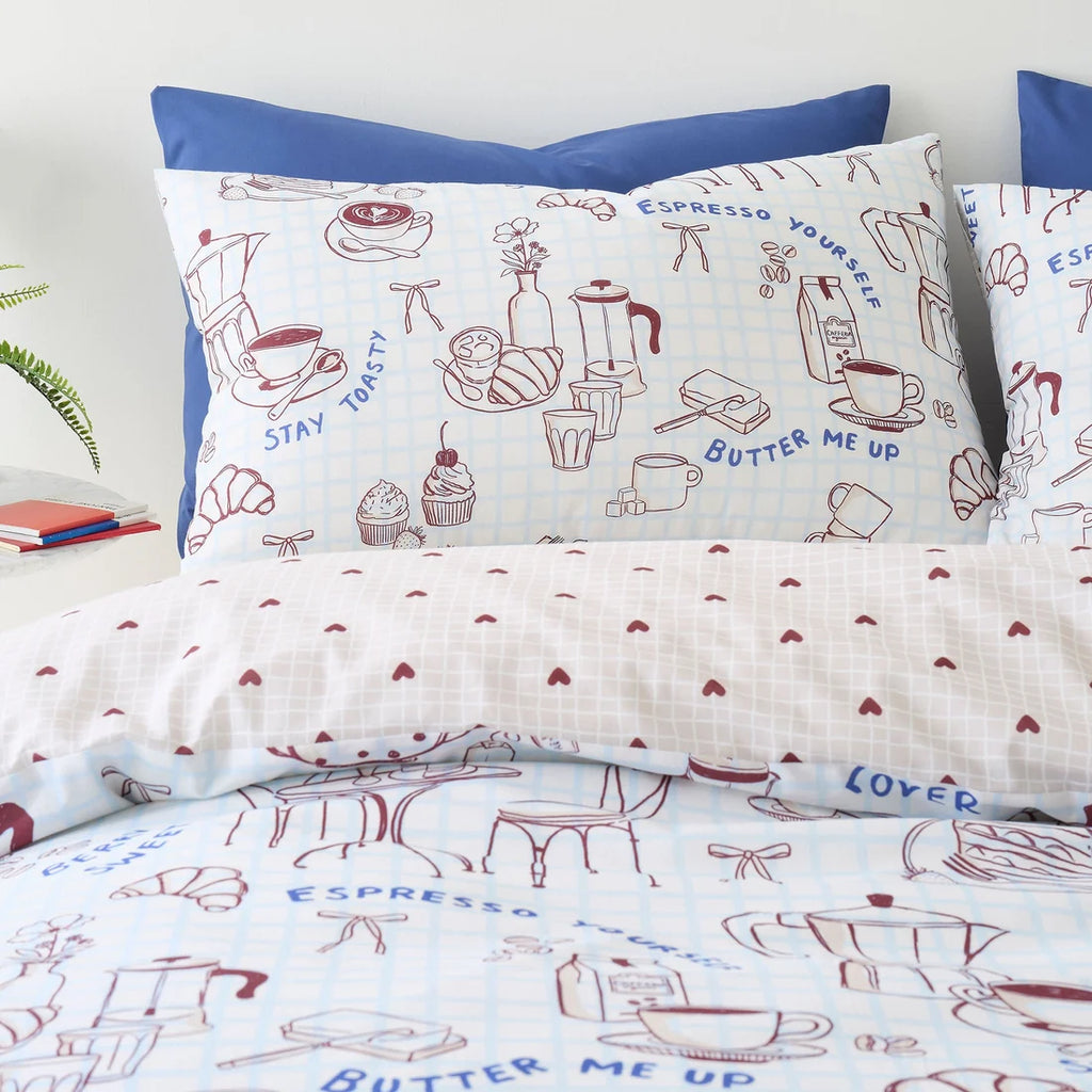 Close-up of the hand-drawn coffee motifs on the Fusion Coffee Club duvet cover set.