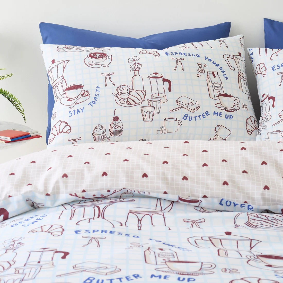 Close-up of the hand-drawn coffee motifs on the Fusion Coffee Club duvet cover set.