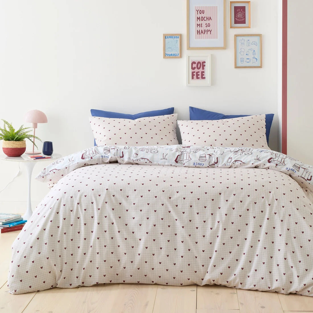 Checked reverse with berry hearts on the Fusion Coffee Club duvet cover set.