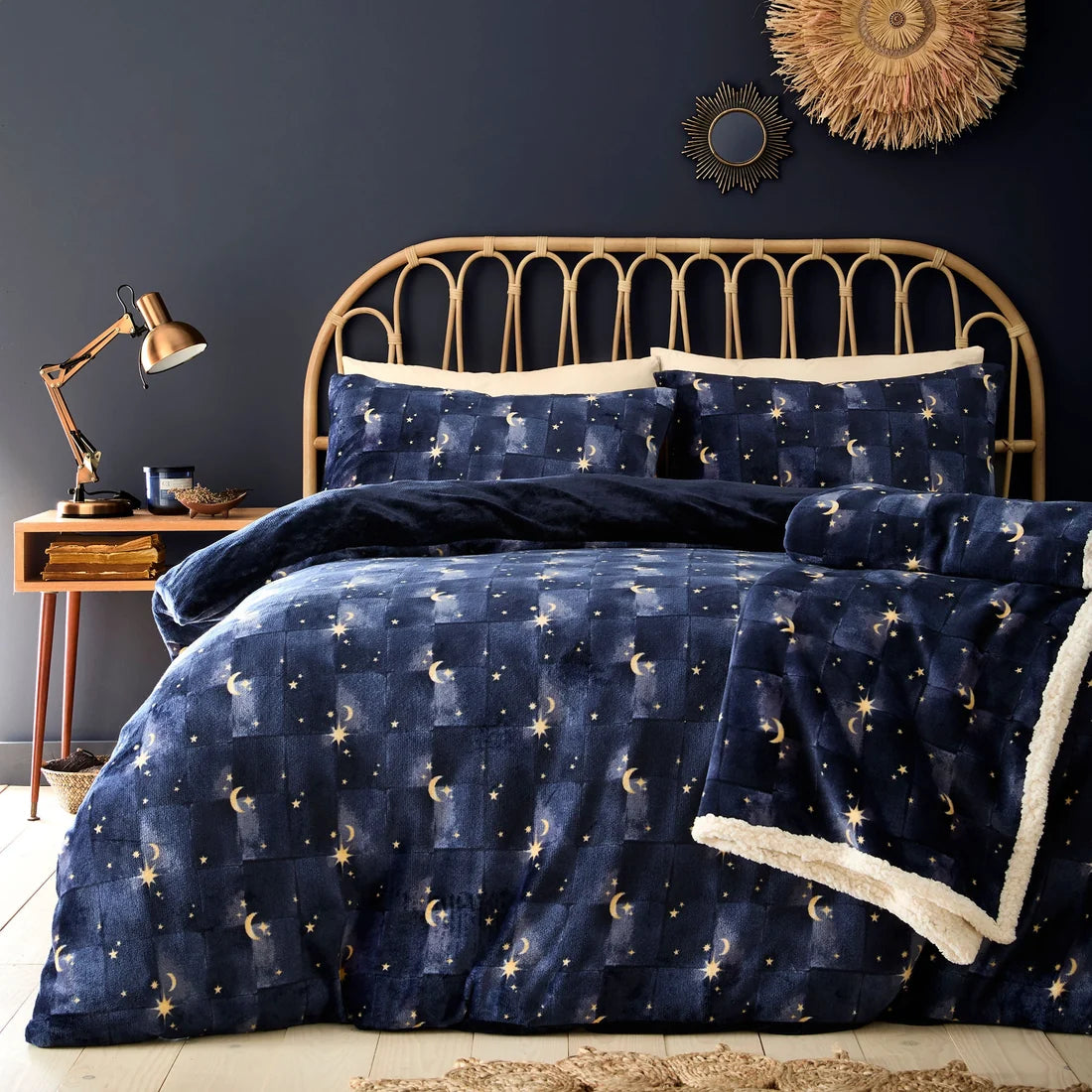 Fusion Cosmic Star sherpa fleece duvet cover set in navy.
