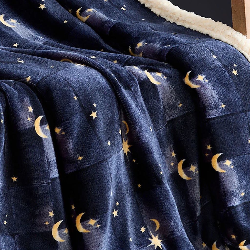 Close-up of the super-soft navy fleece fabric on the Fusion Cosmic Star throw.