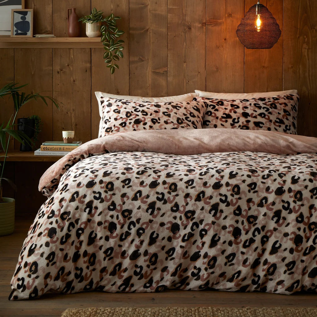 Fusion Cosy Leopard sherpa fleece duvet cover set in natural.