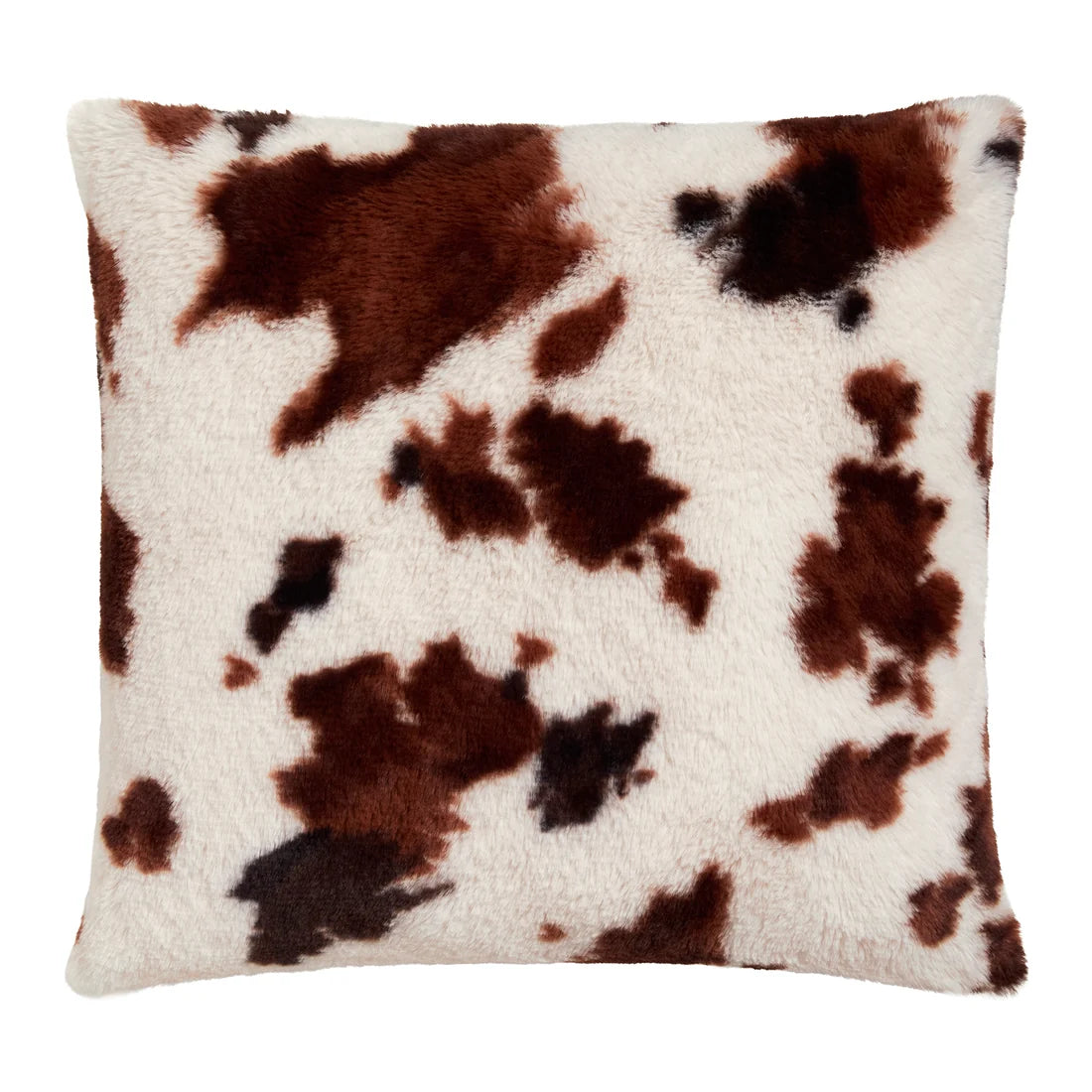 Close-up of the cowhide-inspired pattern on the Fusion Cow Print Faux Fur cushion.