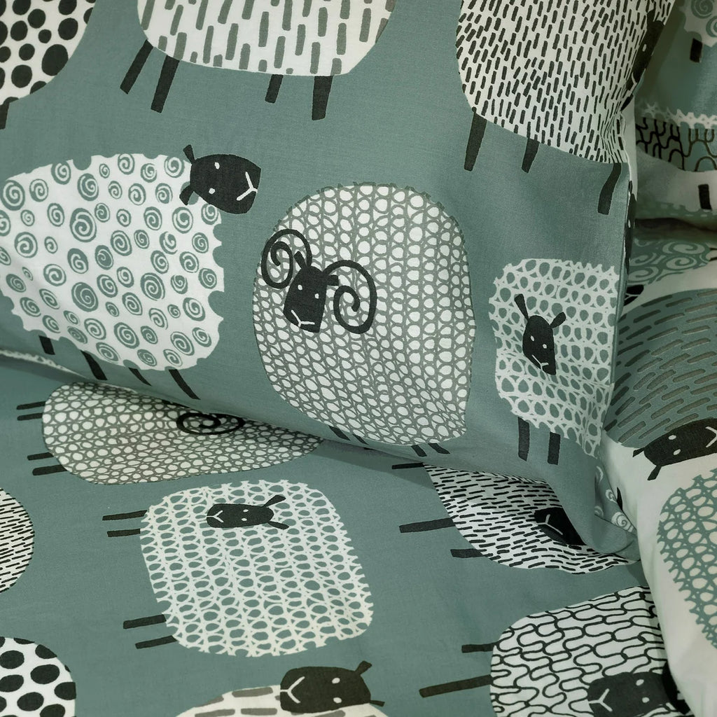 Close-up of the playful Dotty Sheep design on the Fusion Dotty Sheep duvet cover set.