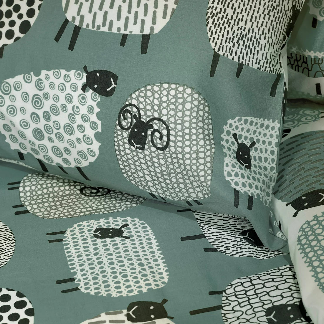 Close-up of the playful Dotty Sheep design on the Fusion Dotty Sheep duvet cover set.