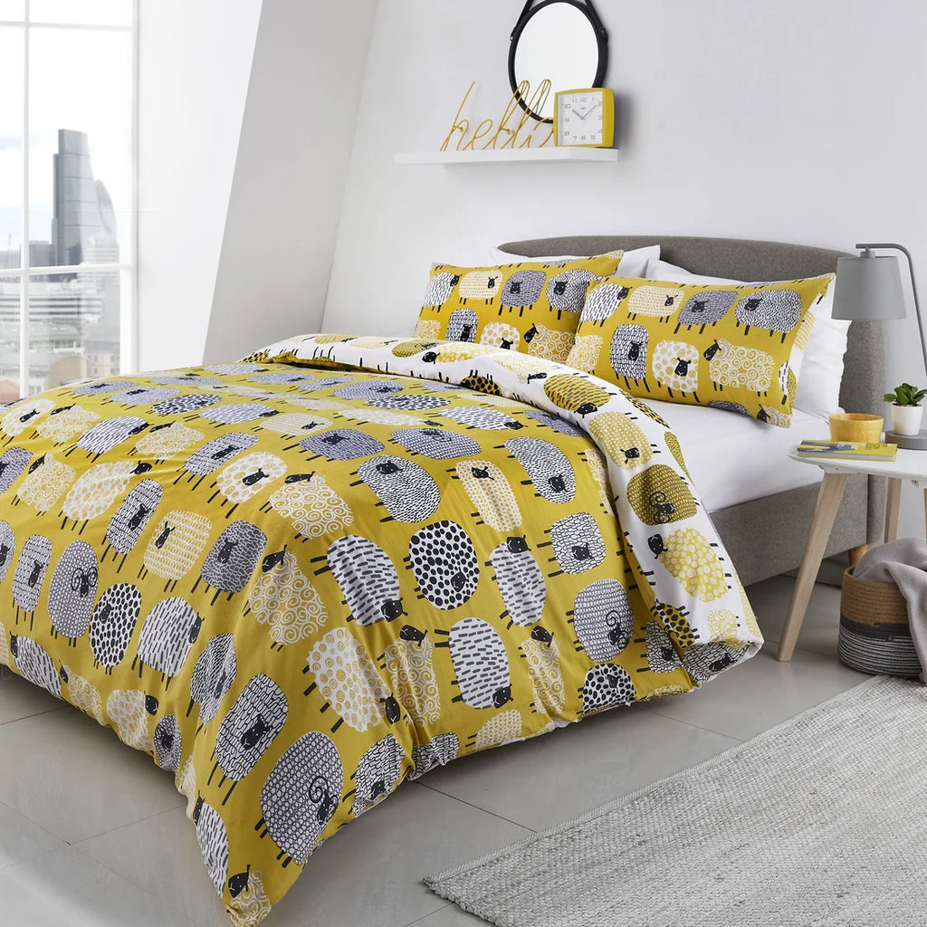 Fusion Dotty Sheep reversible polycotton duvet cover set in ochre.