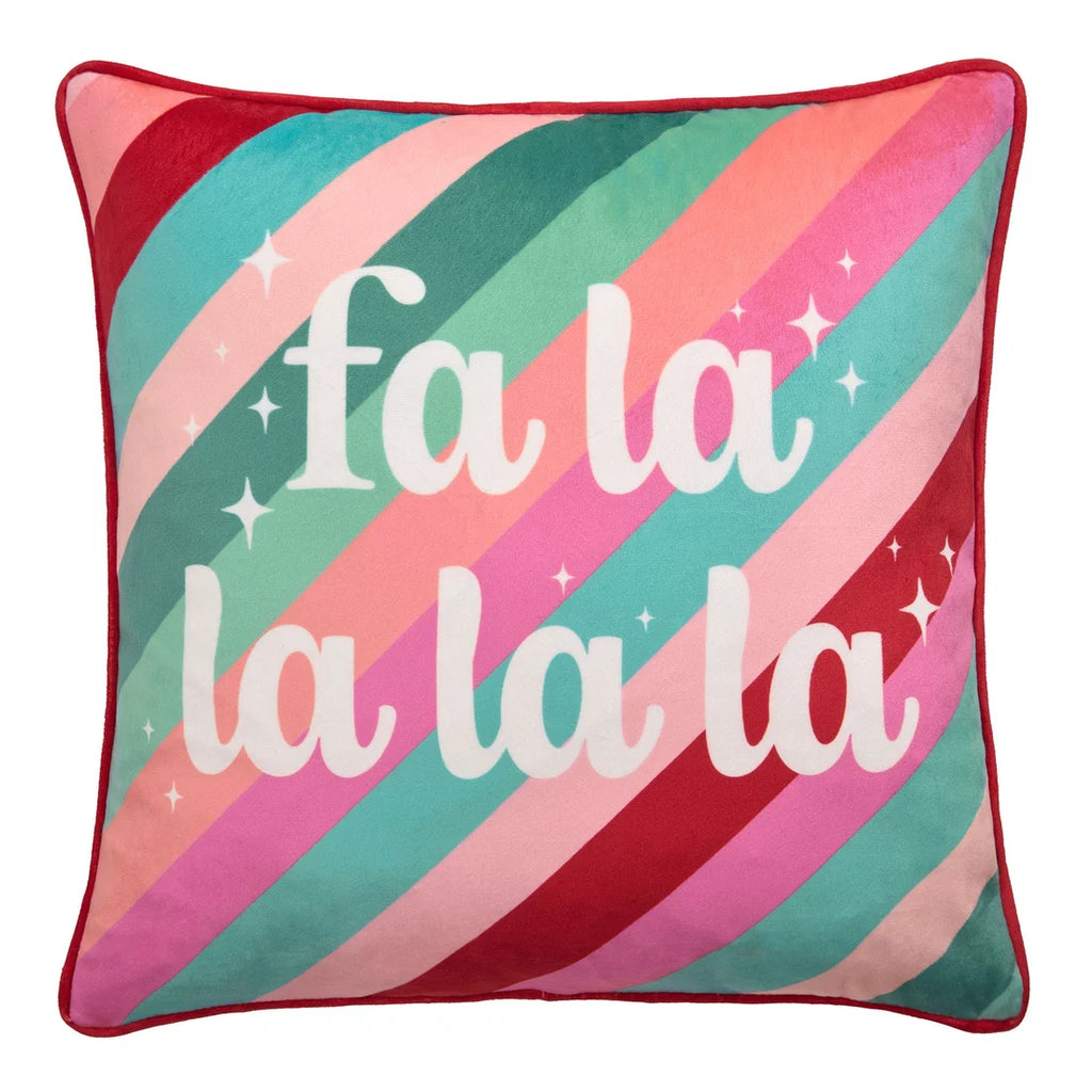Close-up of the festive Fa La La La slogan and piped edging on the Fusion Christmas cushion.