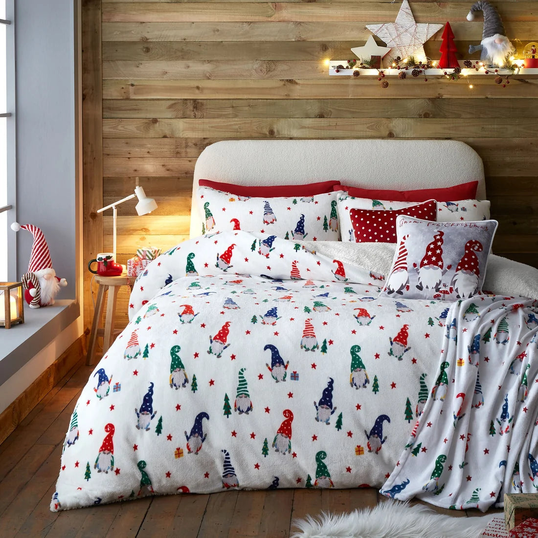 Fusion Festive Gonks Christmas red duvet cover set styled in a festive bedroom.