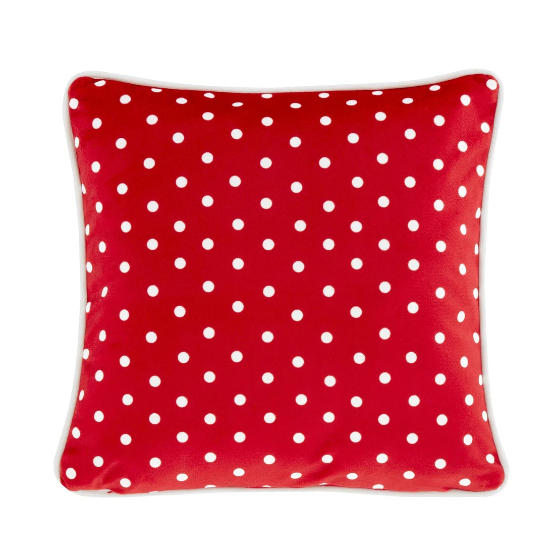 Red velvet reverse with white spots on the Fusion Festive Gonks Christmas cushion.