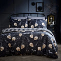 Fusion Gothic Skulls Halloween reversible polycotton duvet cover set in black.