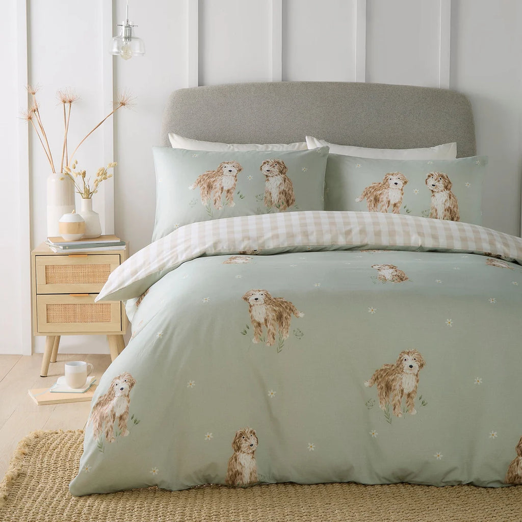 Fusion Hattie the Cockapoo reversible duvet cover set in green.
