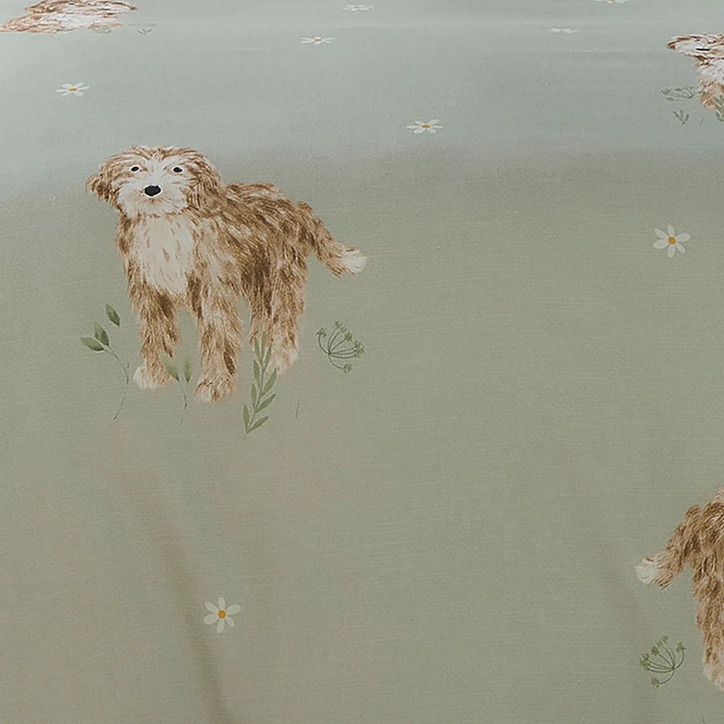 Close-up of the soft polyester fabric on the Fusion Hattie the Cockapoo duvet cover set.