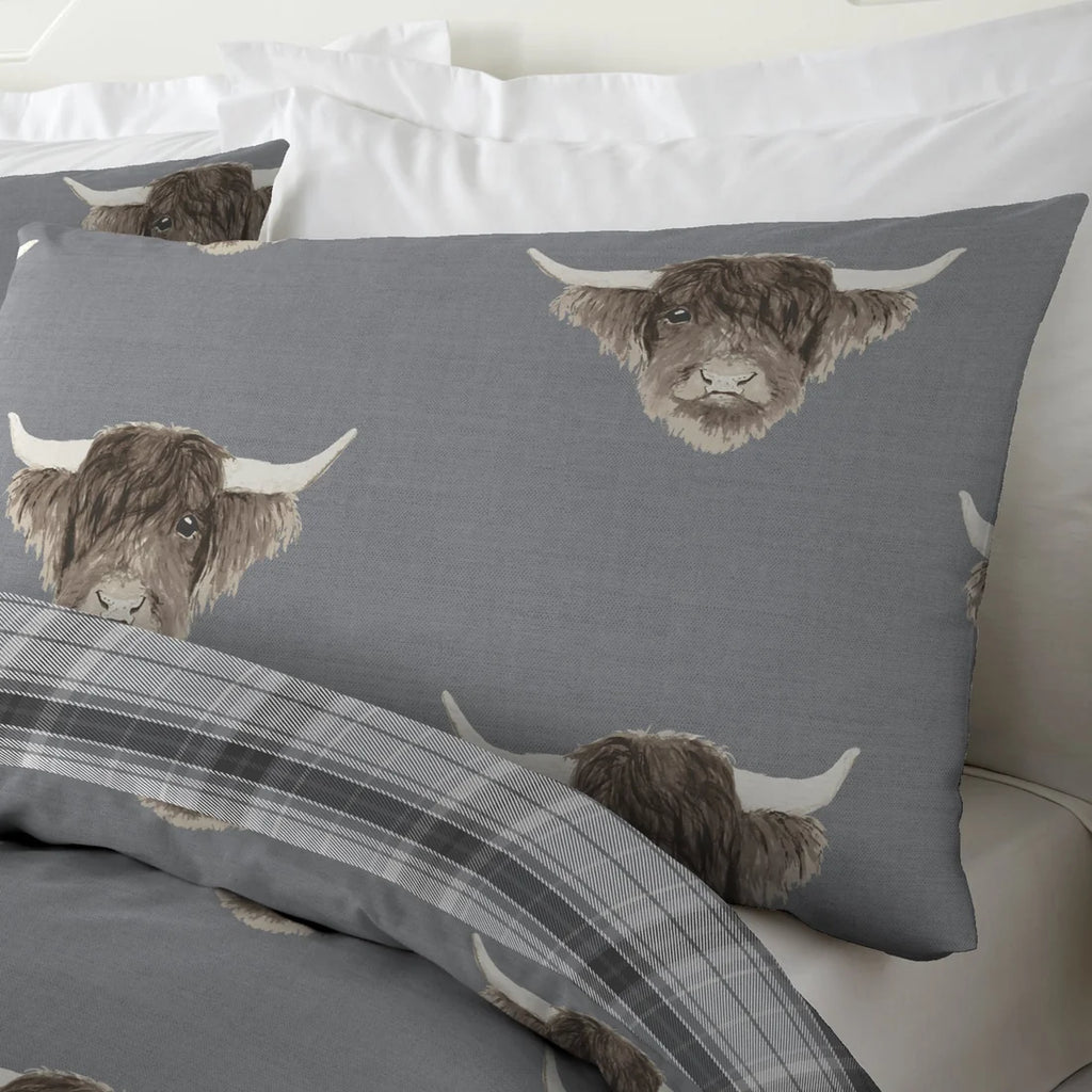 Close-up of the Highland cow print on the Fusion Highland Cow grey duvet cover set.
