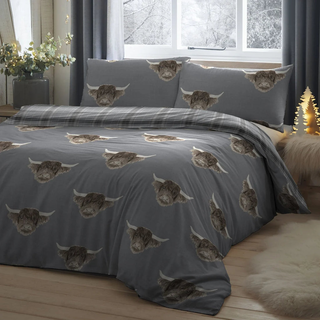 Fusion Highland Cow reversible polycotton duvet cover set in grey.