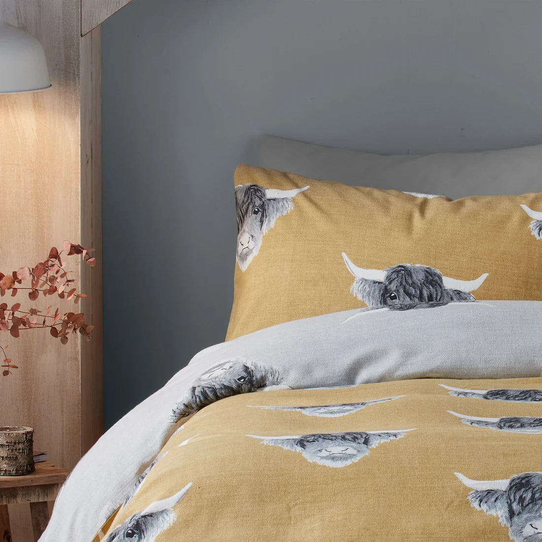 Close-up of the Highland Cow design on the Fusion Highland Cow duvet cover set.