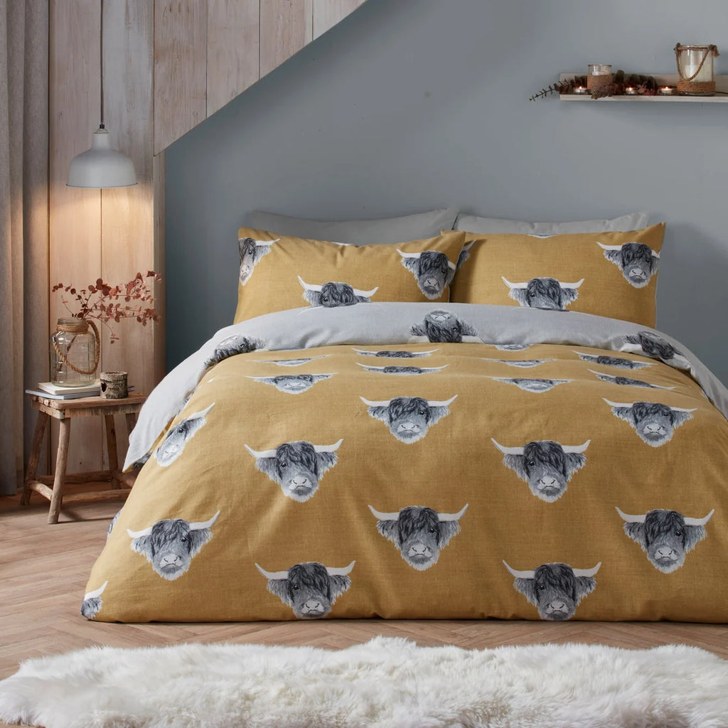 Fusion Highland Cow brushed polycotton duvet cover set in ochre.