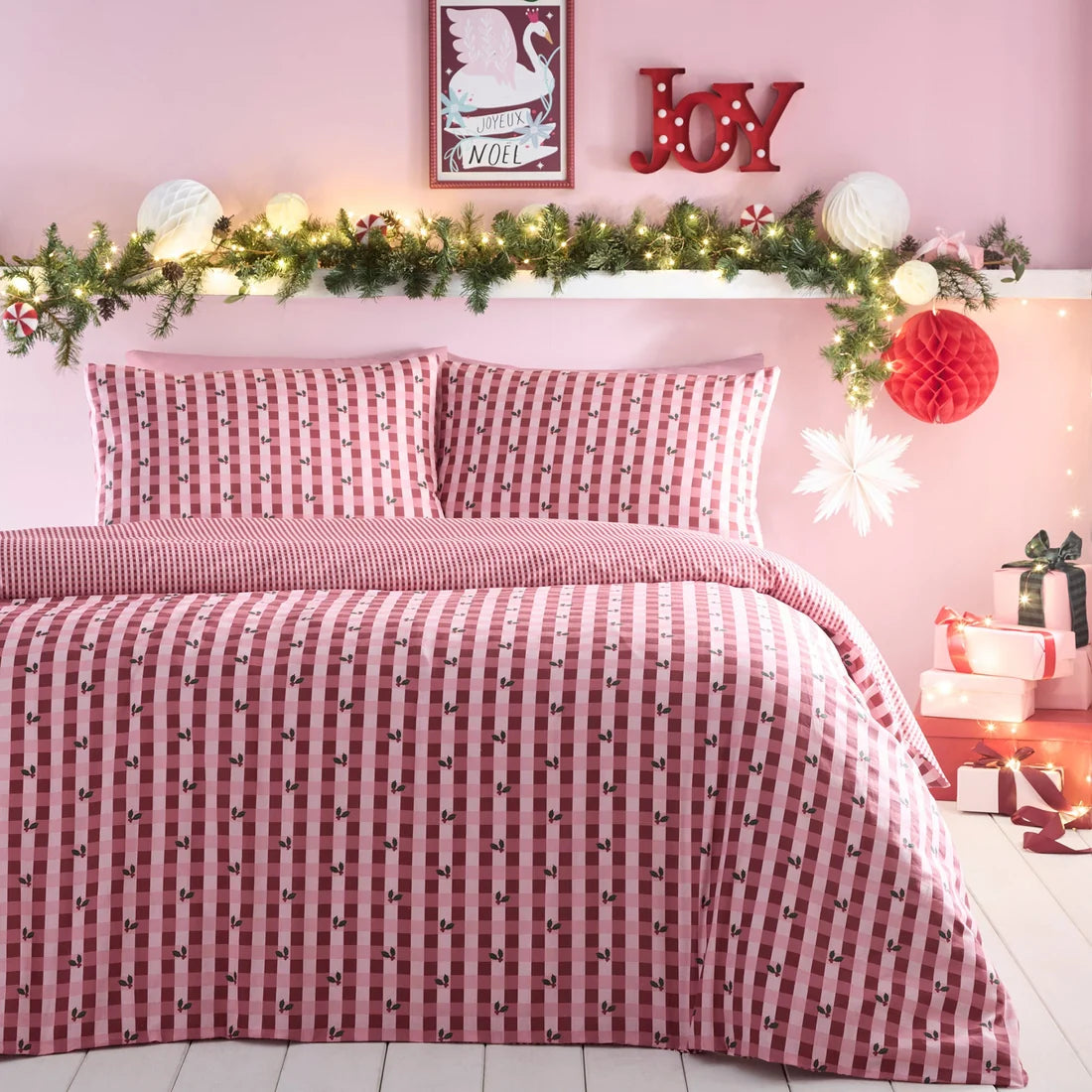 Fusion Holly Gingham Christmas duvet cover set in Red with a festive check and holly sprig design.