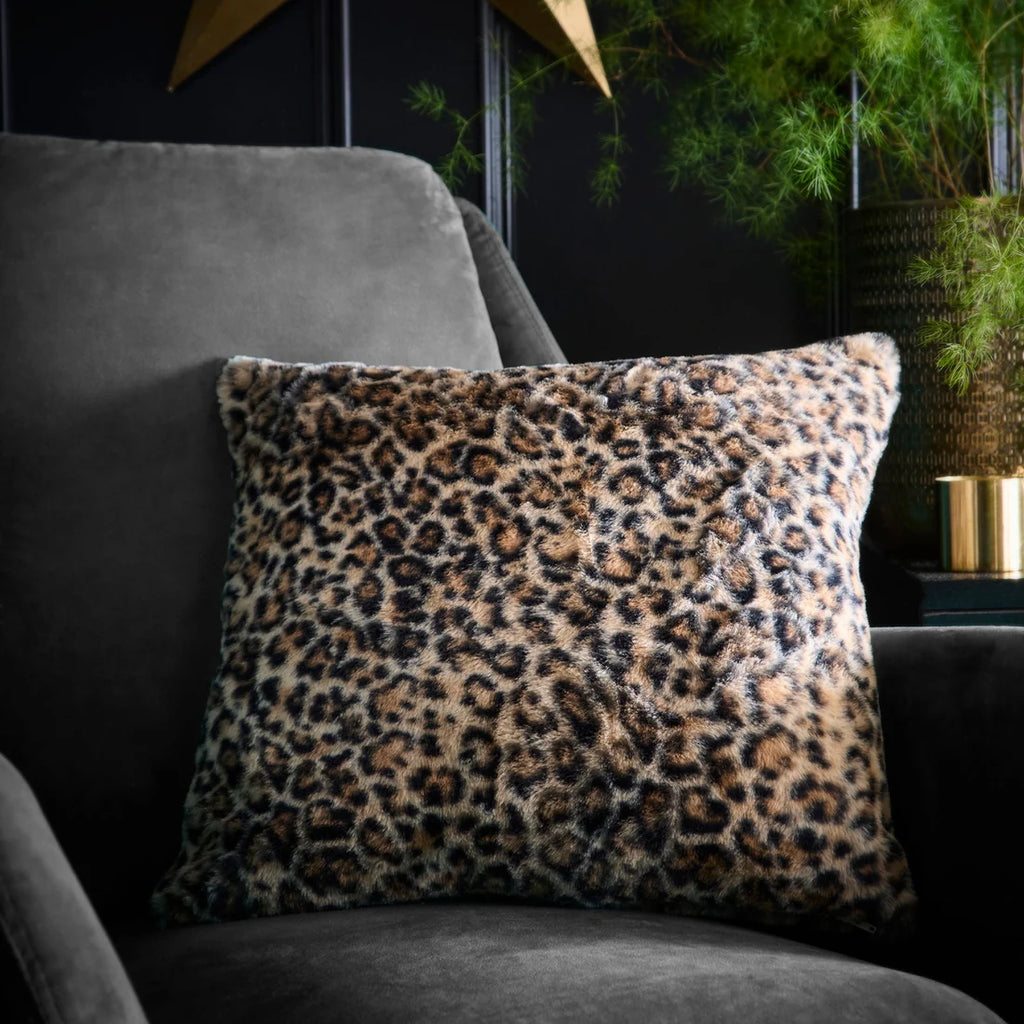 Fusion Leopard Faux Fur cushion in Natural 43 x 43cm with a bold animal print design.