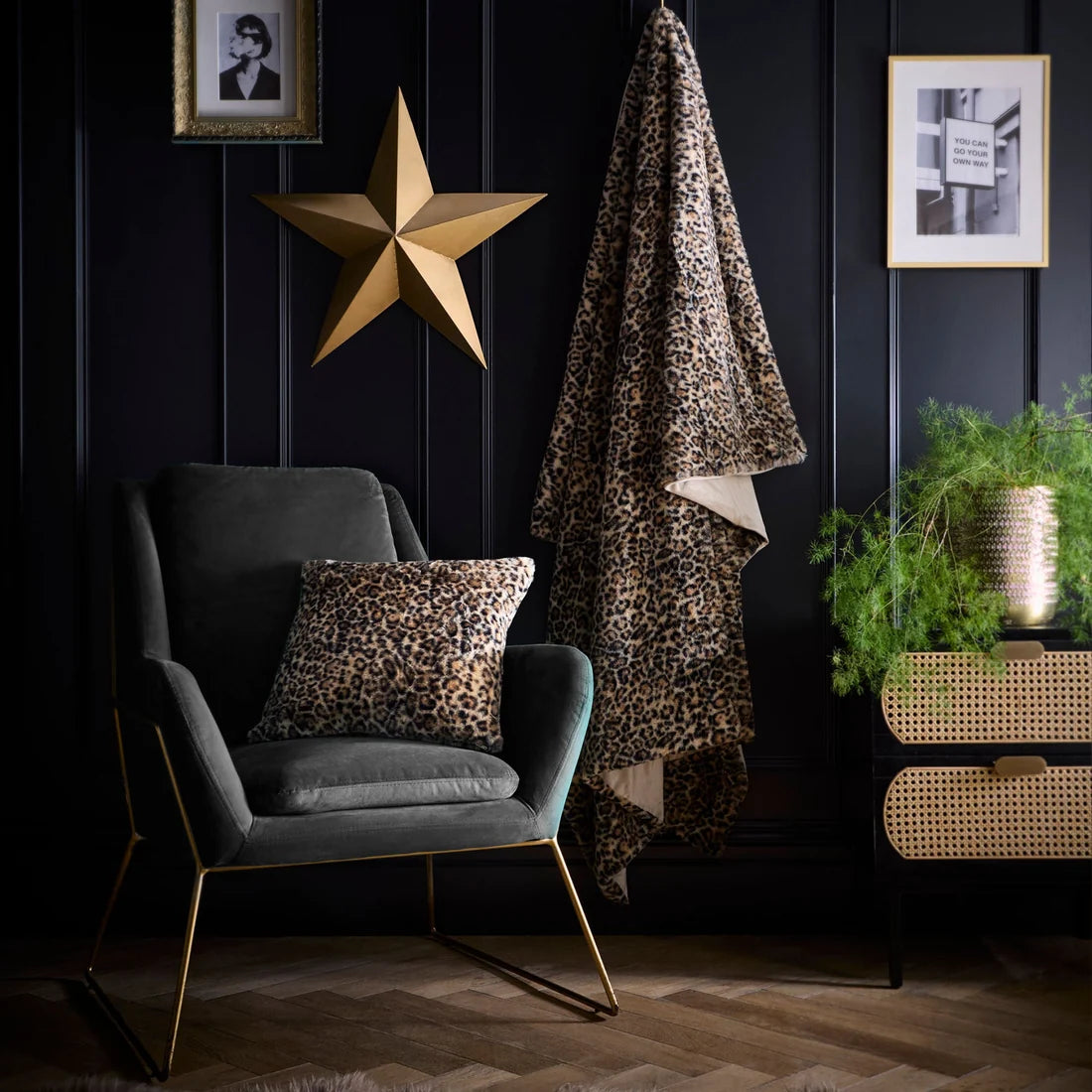 Fusion Leopard Faux Fur cushion in Natural pictured with the matching throw.
