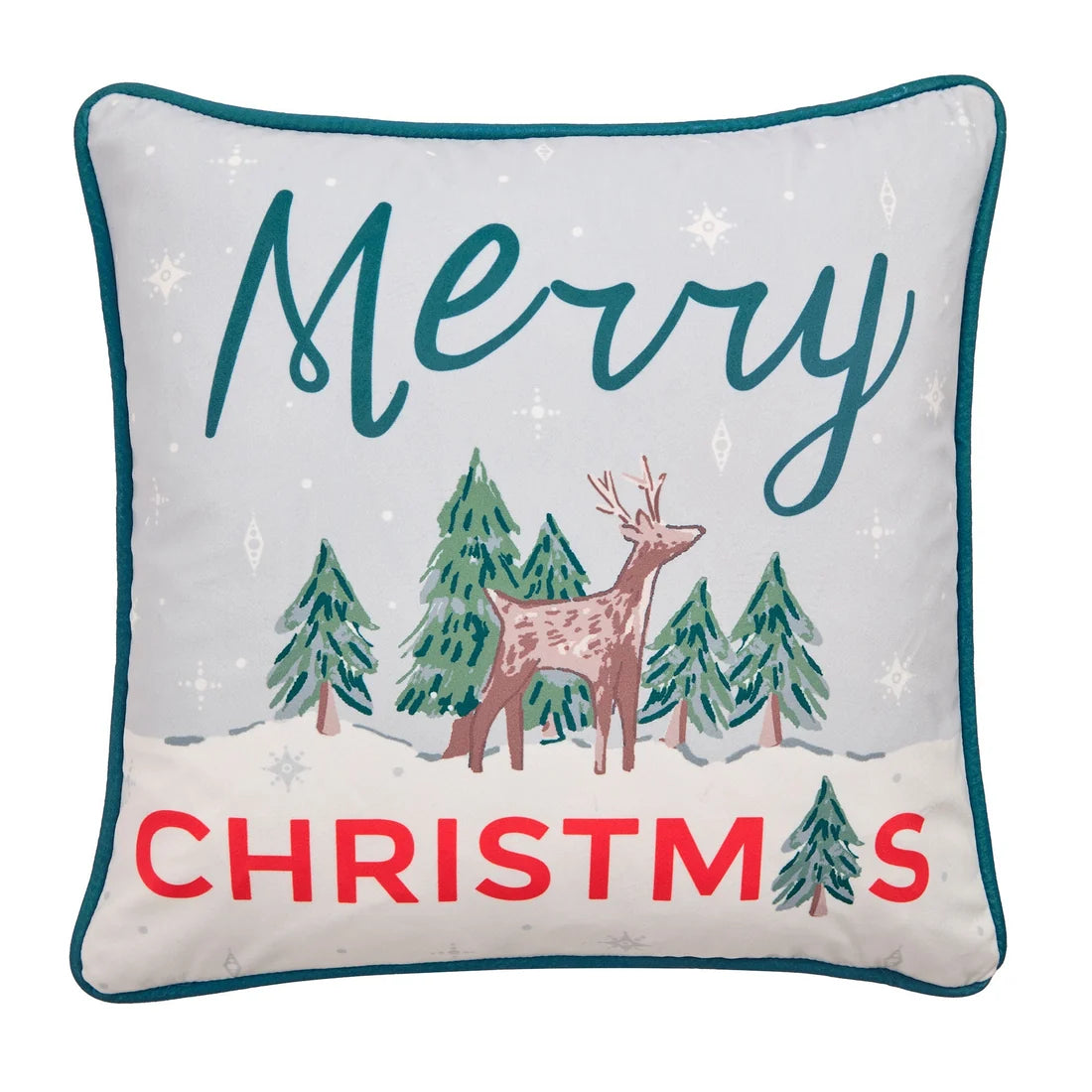 Close-up of the festive deer design and piped edging on the Fusion Merry Christmas Deer cushion.