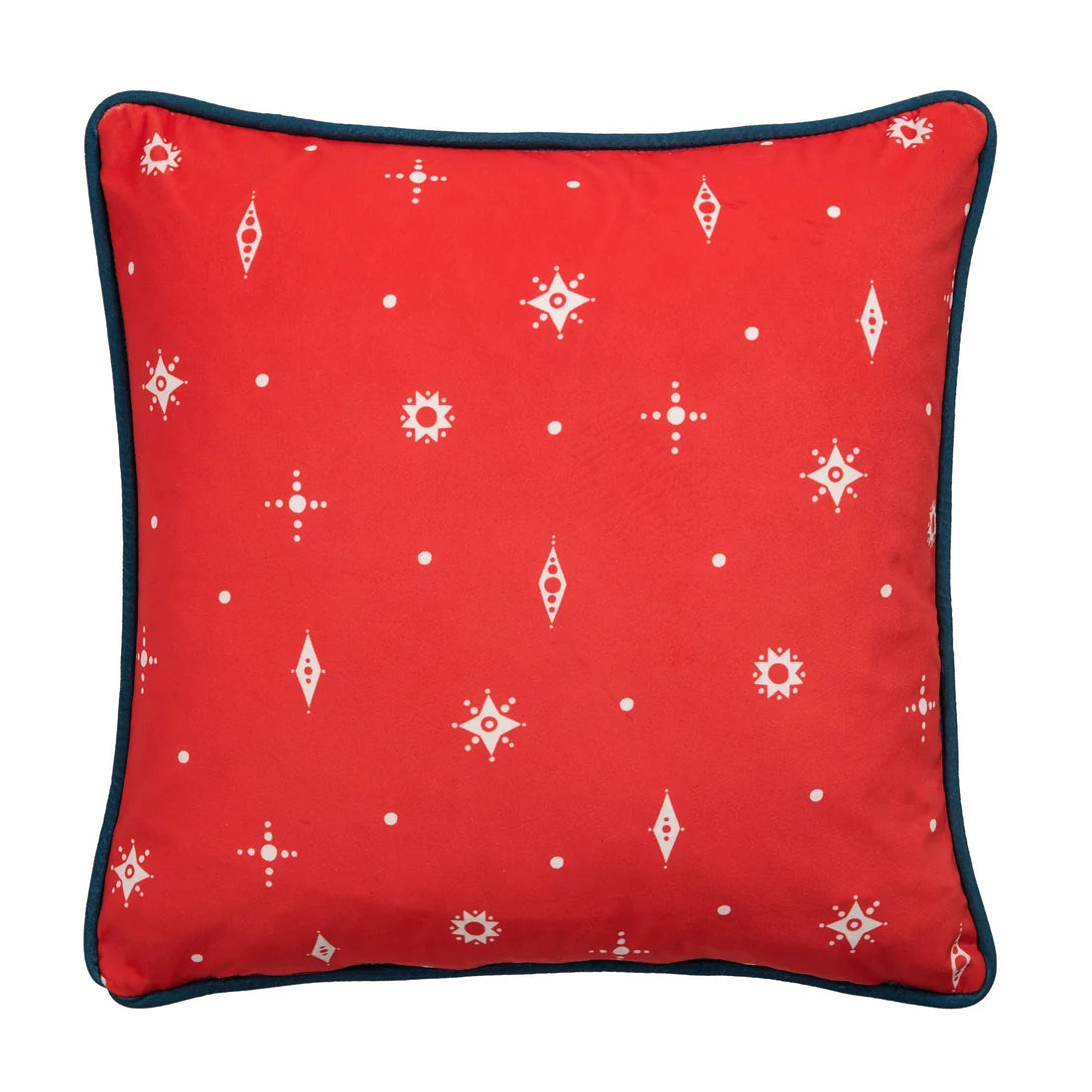 A square red throw pillow with a white geometric pattern and a dark navy blue piped border, shown against a plain white background.