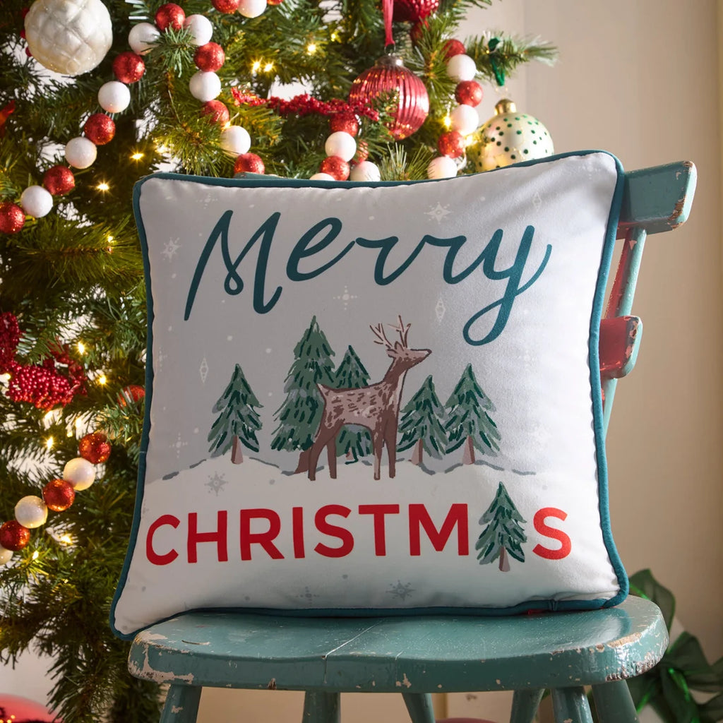 Fusion Merry Christmas Deer velvet cushion in green 43 x 43cm.