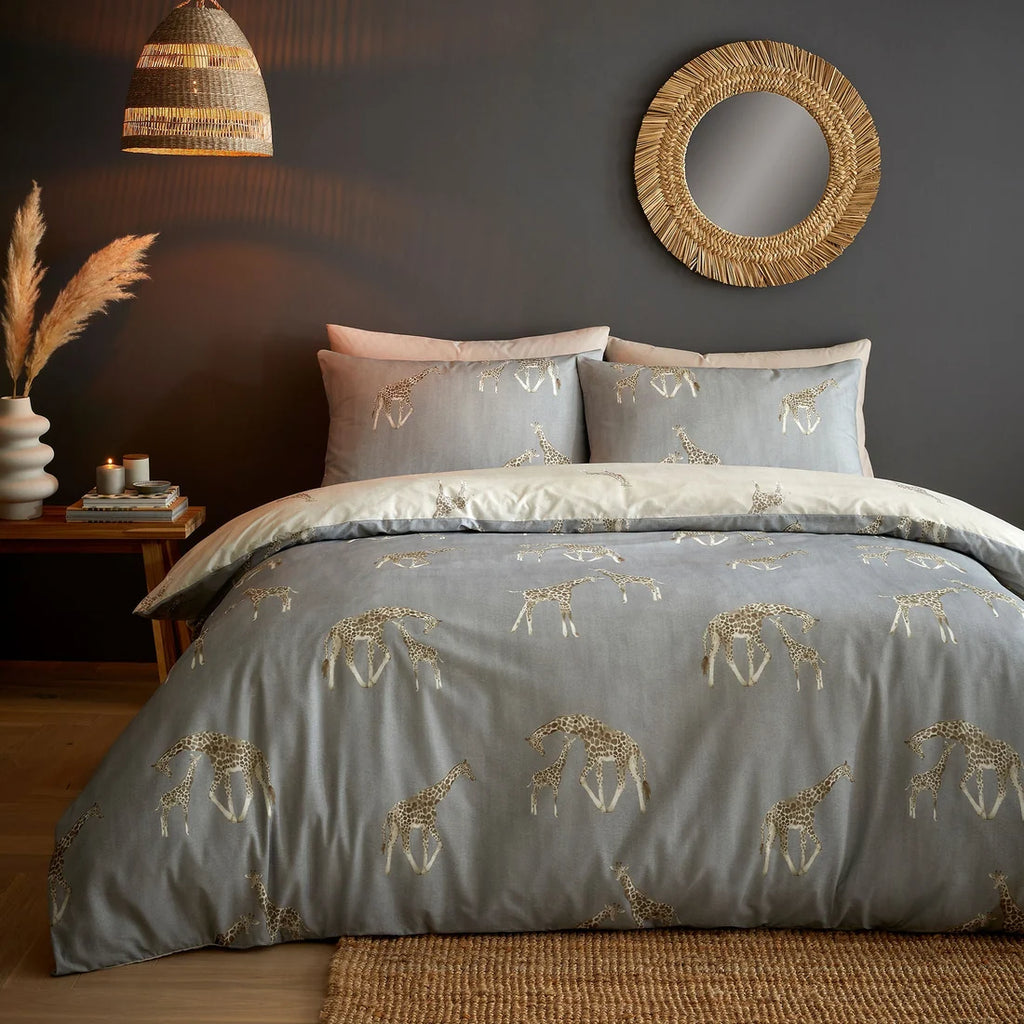 Fusion Milo reversible polycotton duvet cover set in grey featuring Milo the Giraffe and friends.