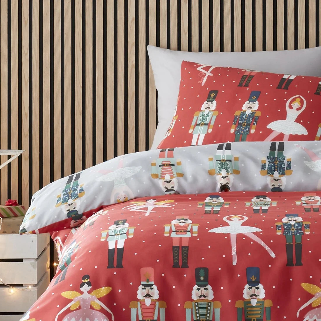 Close-up of the Sugar Plum Fairy design on the Fusion Nutcracker Christmas duvet cover set.