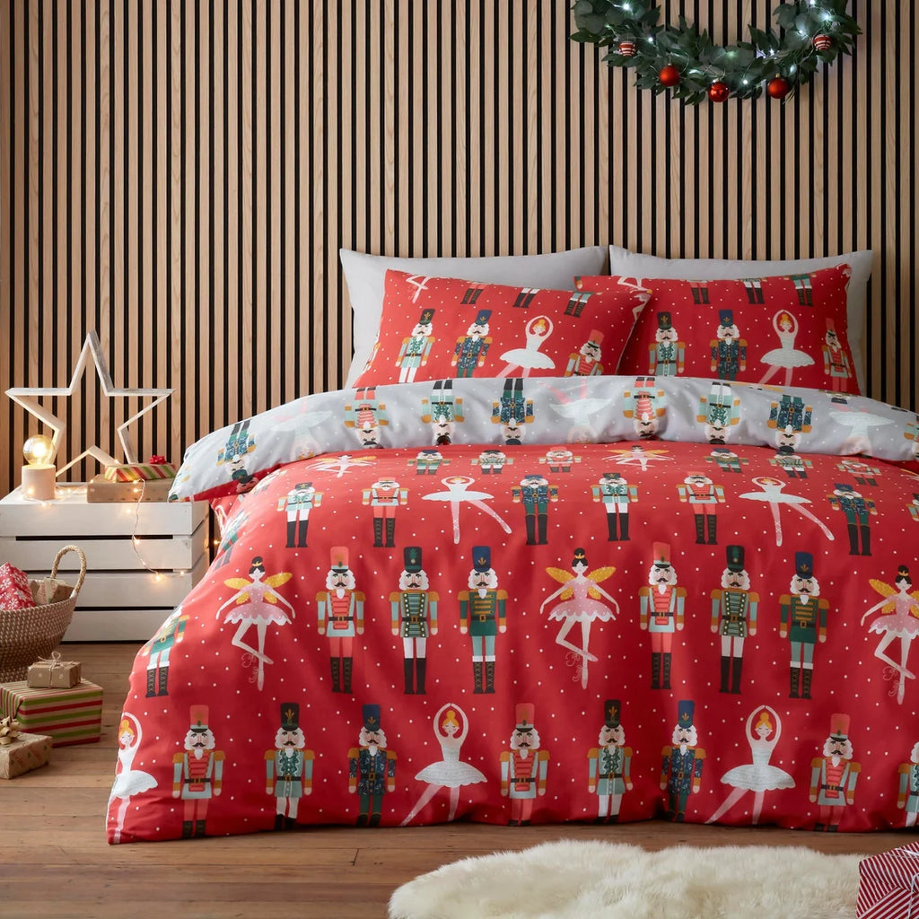 Fusion Nutcracker Christmas reversible polycotton duvet cover set in red.