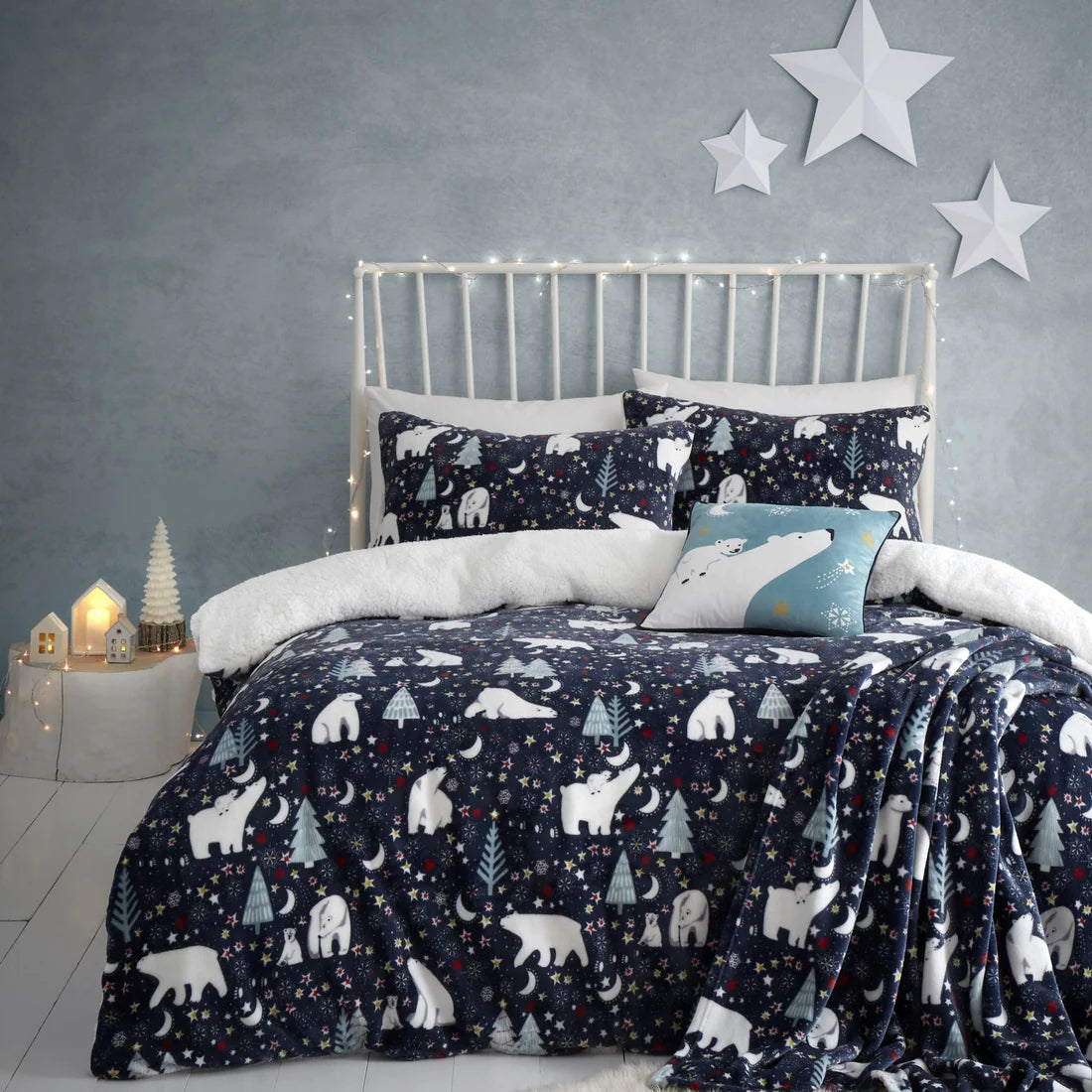 Fusion Starry Night Christmas fleece duvet cover set in blue.
