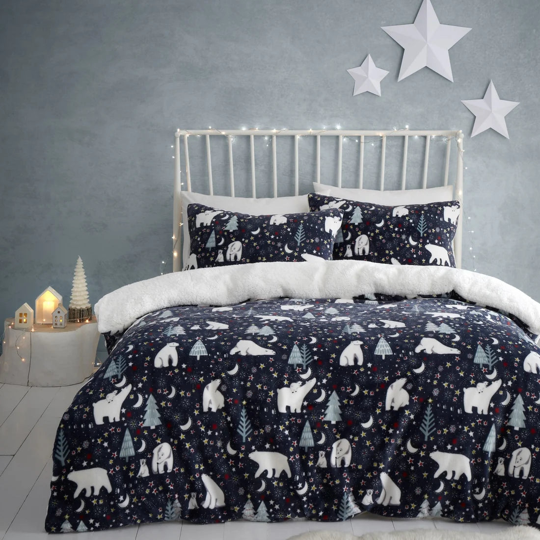 Fusion Starry Night Christmas fleece duvet cover set in blue.