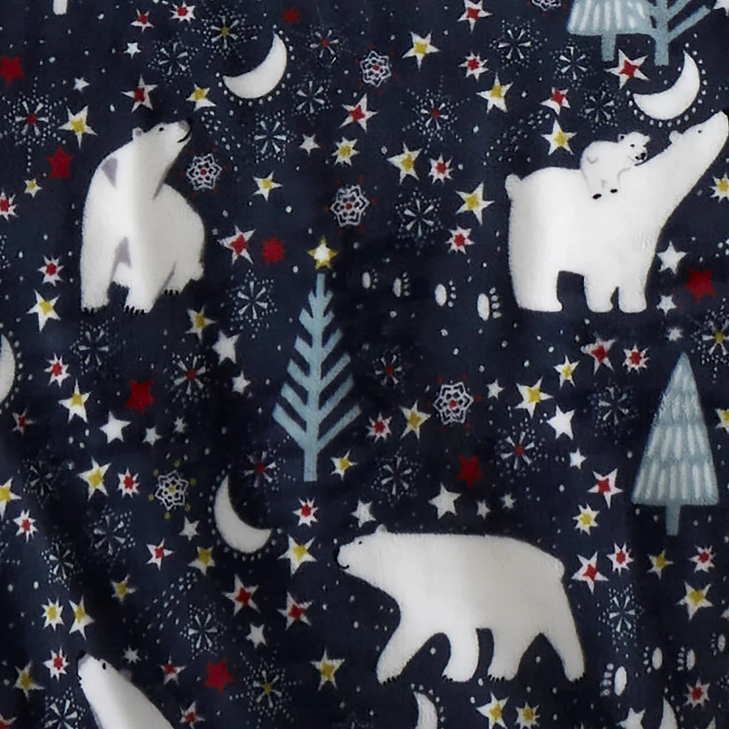 Close-up of the polar bear family and starry night design on the Fusion Starry Night Christmas duvet cover set.