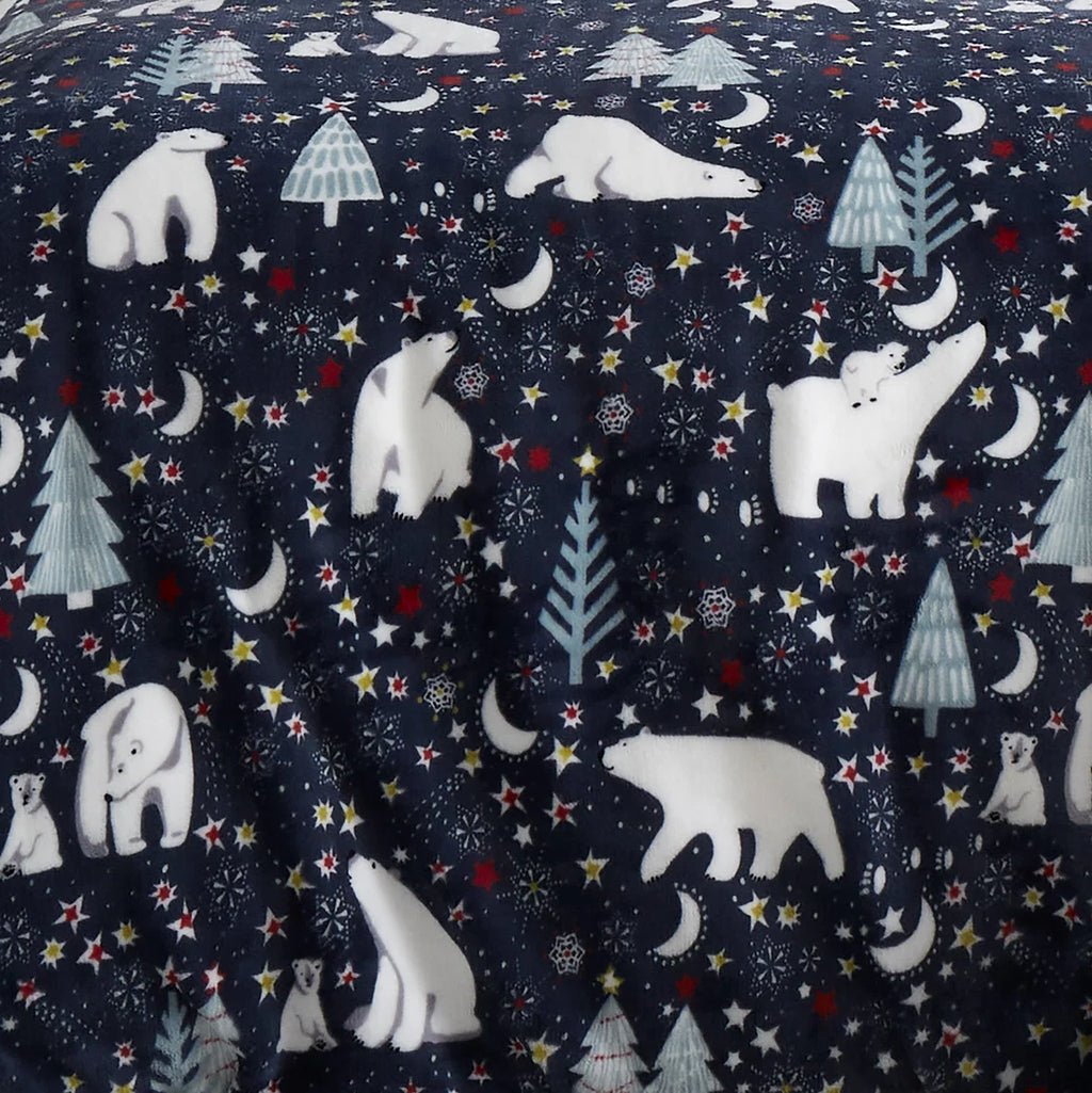 Close-up of the polar bear winter scene on the Fusion Starry Night Christmas throw.