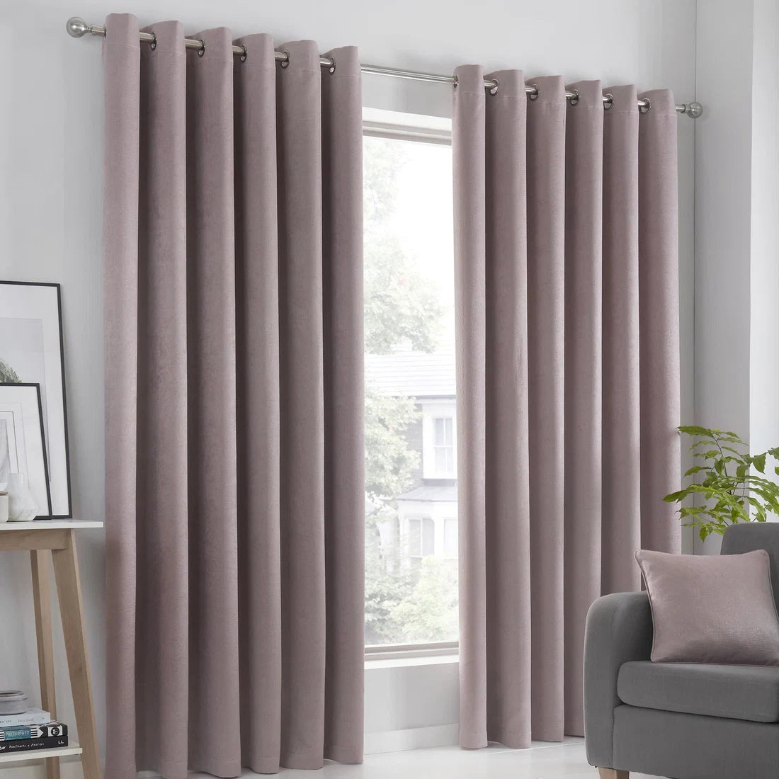 Fusion Strata dim-out eyelet curtains in blush.