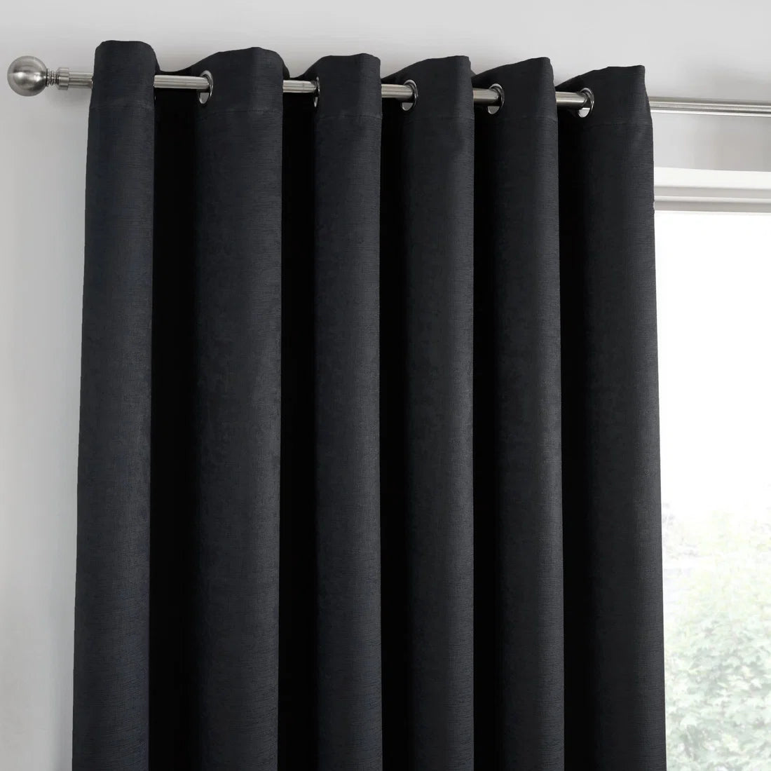 Close-up of the eyelet header on the Fusion Strata curtains.