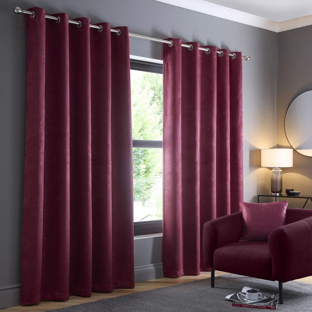 Fusion Strata dim-out eyelet curtains in wine.
