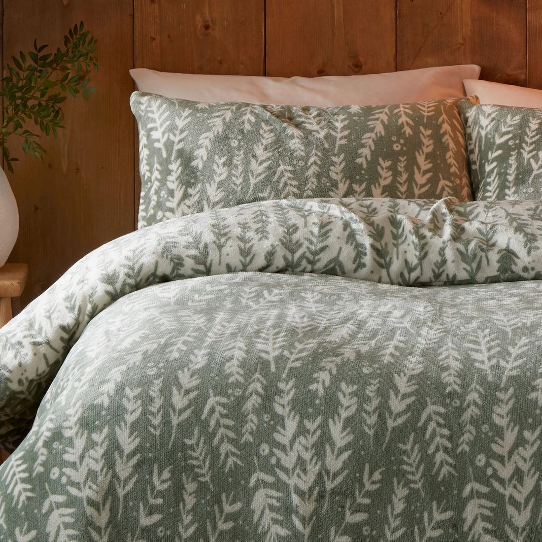 Close-up of the winter foliage print on the Fusion Winter Foliage duvet cover set.
