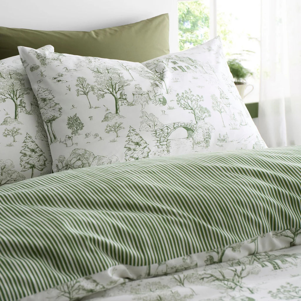 Close-up of the quirky woodland toile illustrations on the Fusion Woodland Toile duvet cover set.