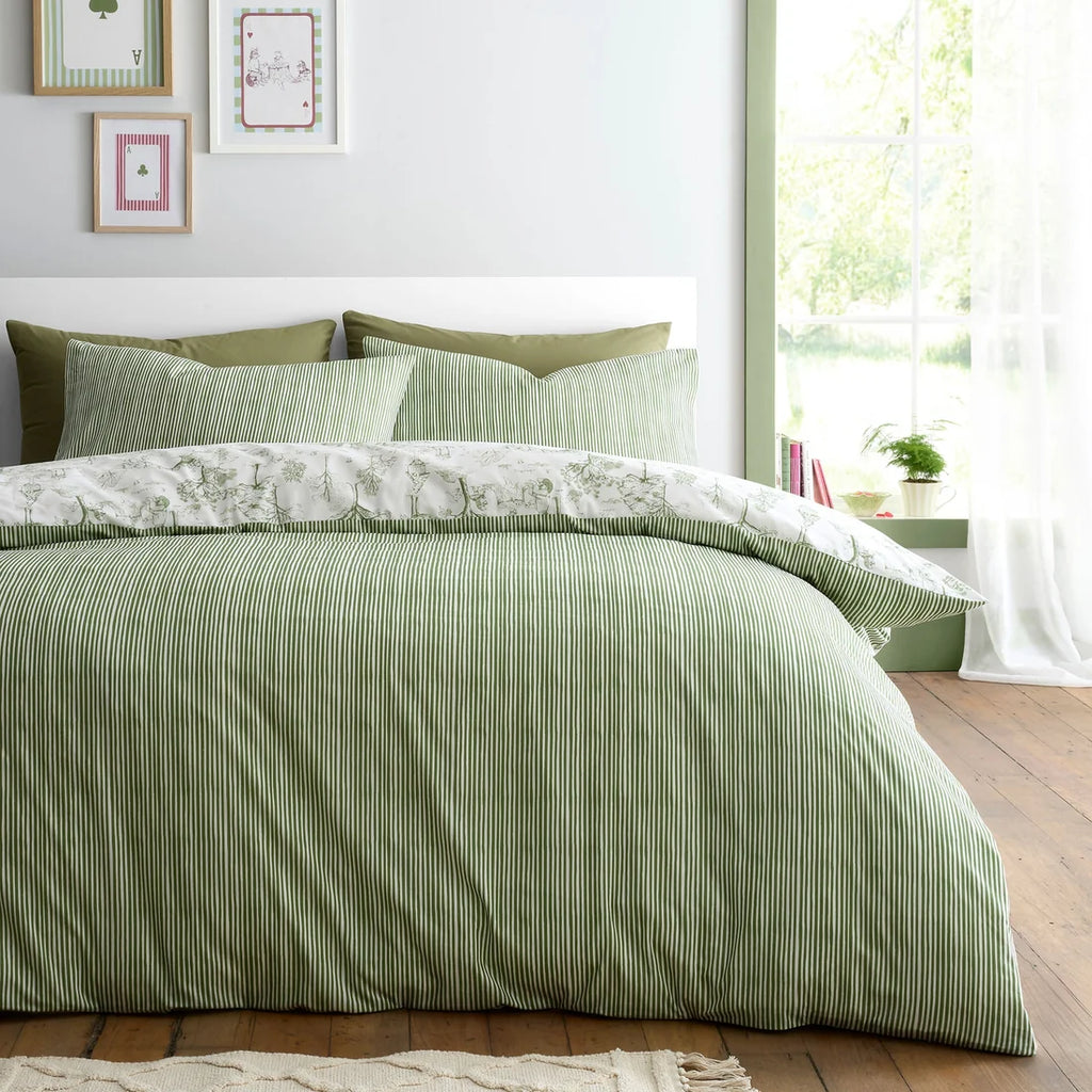Fusion Woodland Toile reversible polycotton duvet cover set in green with green stipe reverse
