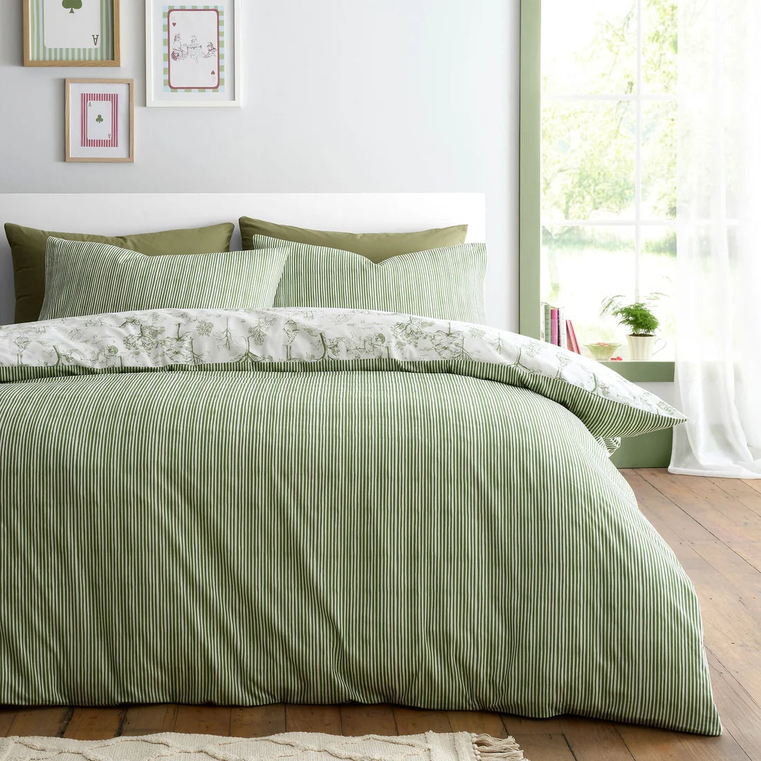Fusion Woodland Toile reversible polycotton duvet cover set in green with green stipe reverse