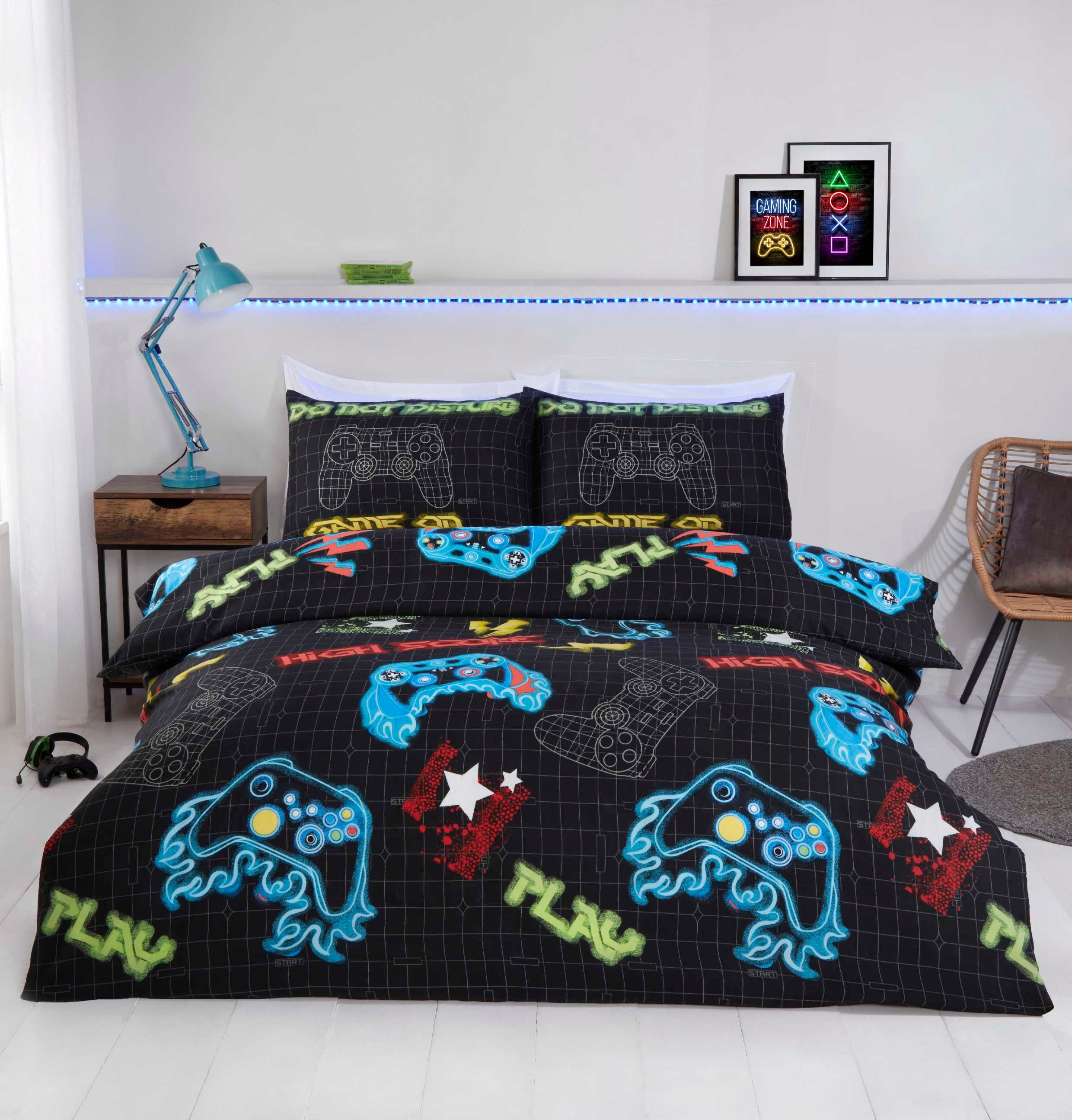 Gamer duvet cover set styled in a modern gaming bedroom.