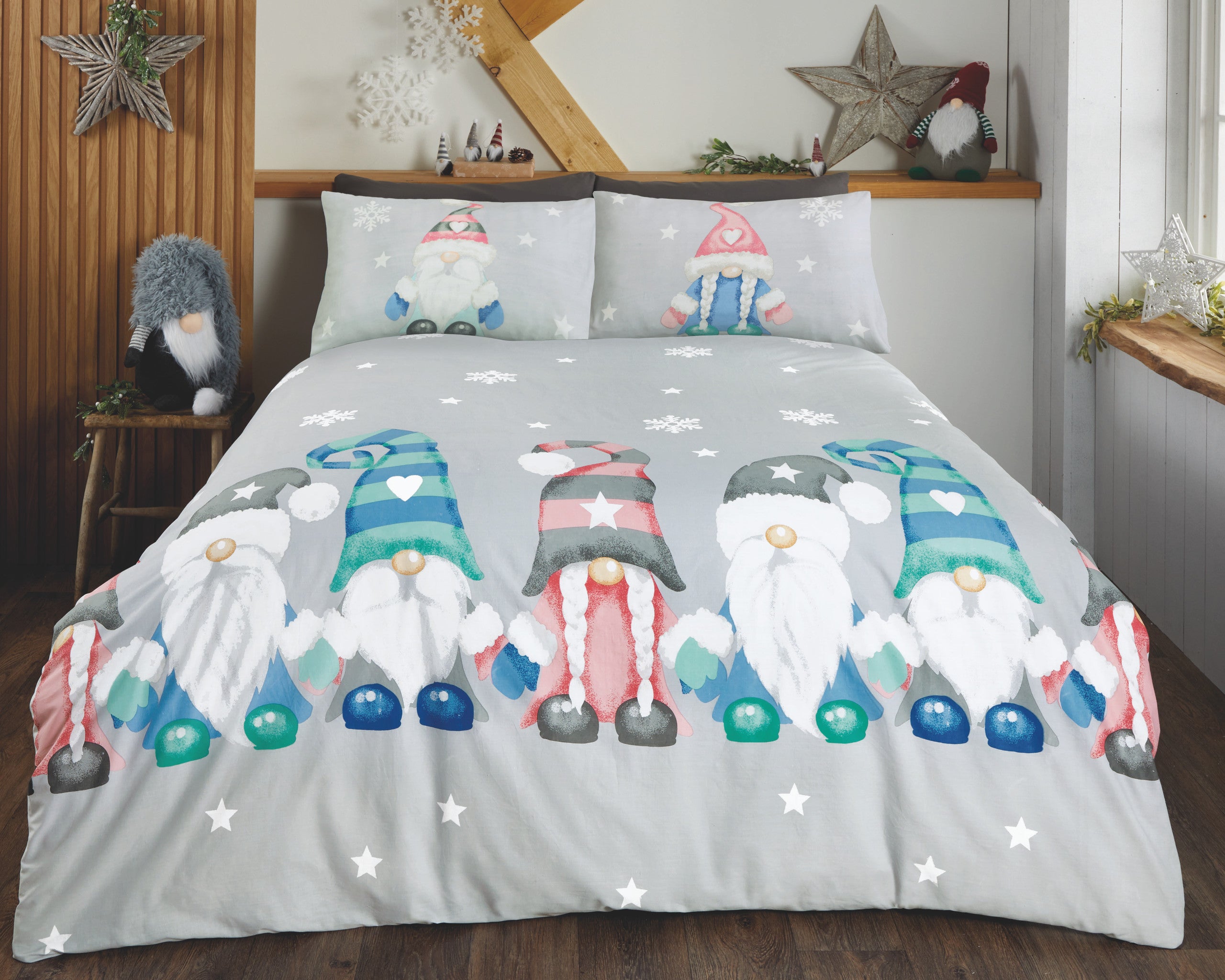 Gonk Family reversible Christmas microfibre duvet cover set with festive gonk design.