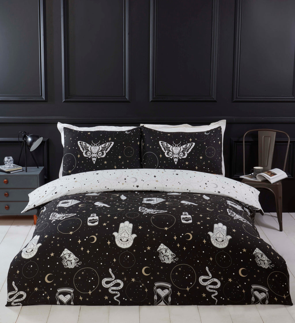 Gothic Magick duvet cover set styled in a modern gothic bedroom.