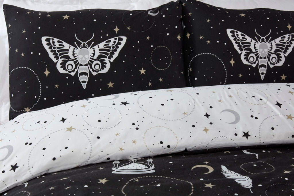 Close-up of the soft microfibre fabric on the Gothic Magick duvet cover set.