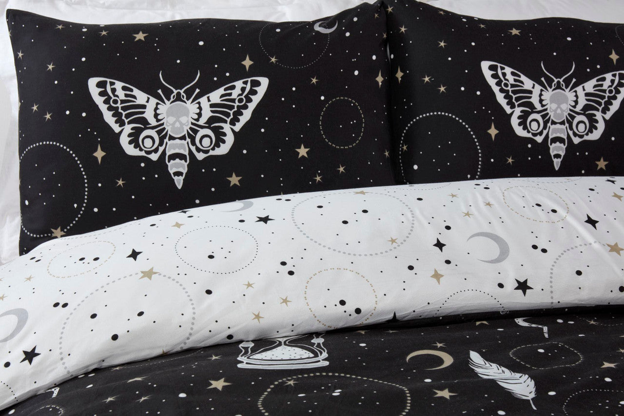 Close-up of the soft microfibre fabric on the Gothic Magick duvet cover set.