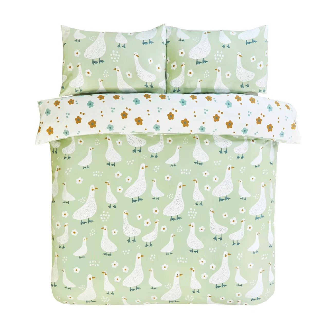 Jemima green duck duvet cover set styled in a cosy country-inspired bedroom.