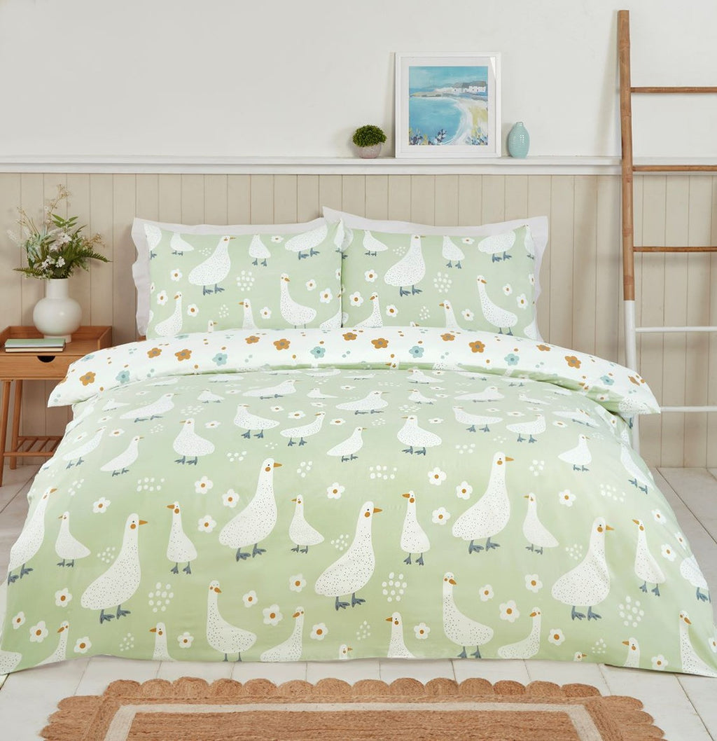 Jemima Duck reversible microfibre duvet cover set in green with hand-painted duck design.
